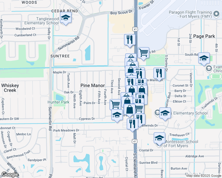 map of restaurants, bars, coffee shops, grocery stores, and more near 1822 Oak Drive in Fort Myers