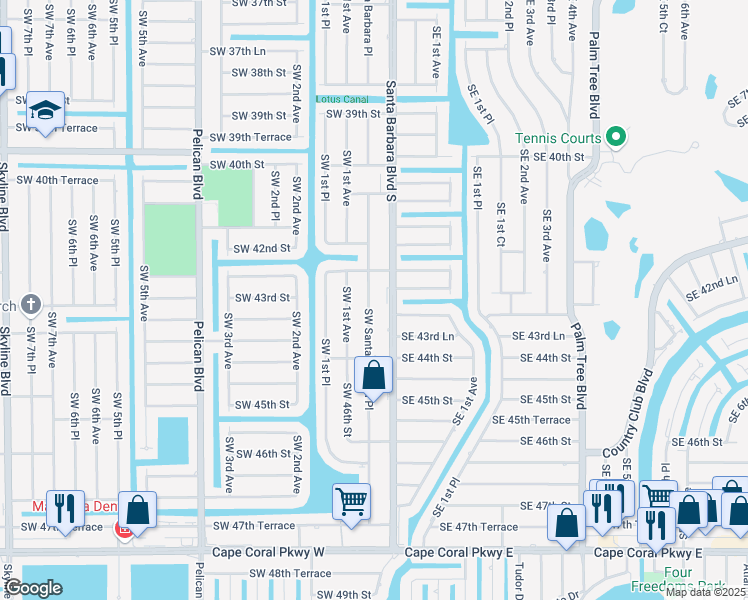 map of restaurants, bars, coffee shops, grocery stores, and more near 4307 Southwest Santa Barbara Place in Cape Coral