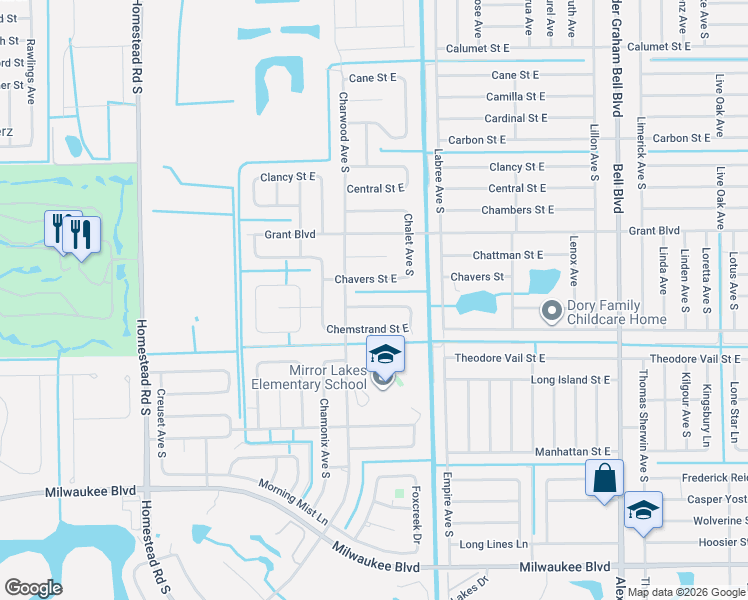 map of restaurants, bars, coffee shops, grocery stores, and more near 665 Chestnut Street East in Lehigh Acres