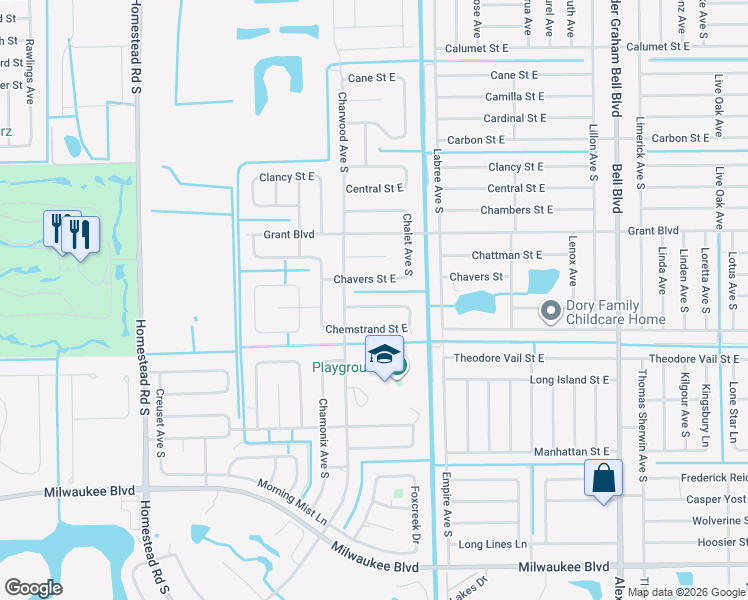 map of restaurants, bars, coffee shops, grocery stores, and more near 667 Chestnut Street East in Lehigh Acres