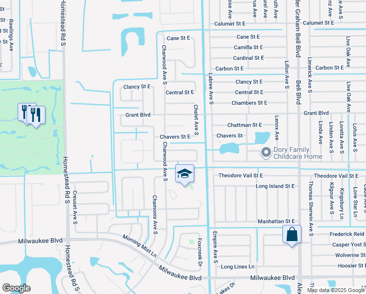 map of restaurants, bars, coffee shops, grocery stores, and more near 671 Chestnut Street East in Lehigh Acres