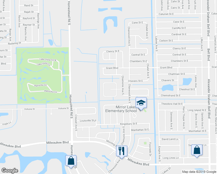 map of restaurants, bars, coffee shops, grocery stores, and more near 613 Chestnut Street East in Lehigh Acres