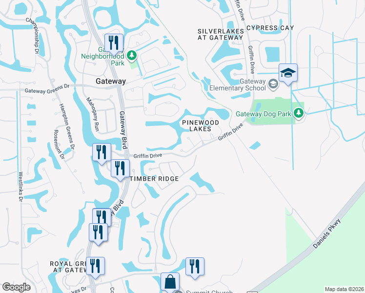 map of restaurants, bars, coffee shops, grocery stores, and more near 12911 Parkline Drive in Fort Myers