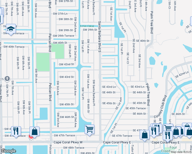 map of restaurants, bars, coffee shops, grocery stores, and more near 4307 Southwest Santa Barbara Place in Cape Coral