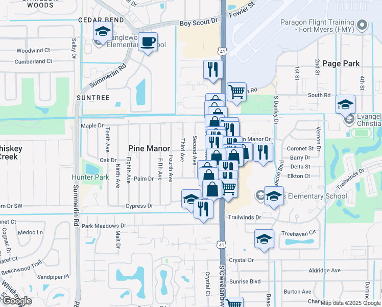 map of restaurants, bars, coffee shops, grocery stores, and more near 1996 Oak Drive in Fort Myers