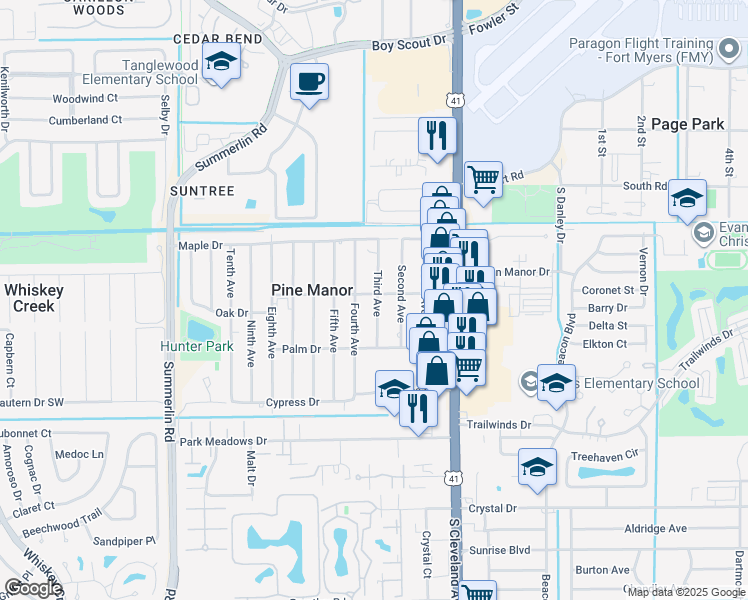 map of restaurants, bars, coffee shops, grocery stores, and more near 1822 Oak Drive in Fort Myers