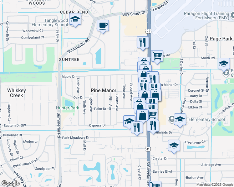map of restaurants, bars, coffee shops, grocery stores, and more near 1822 Oak Drive in Fort Myers