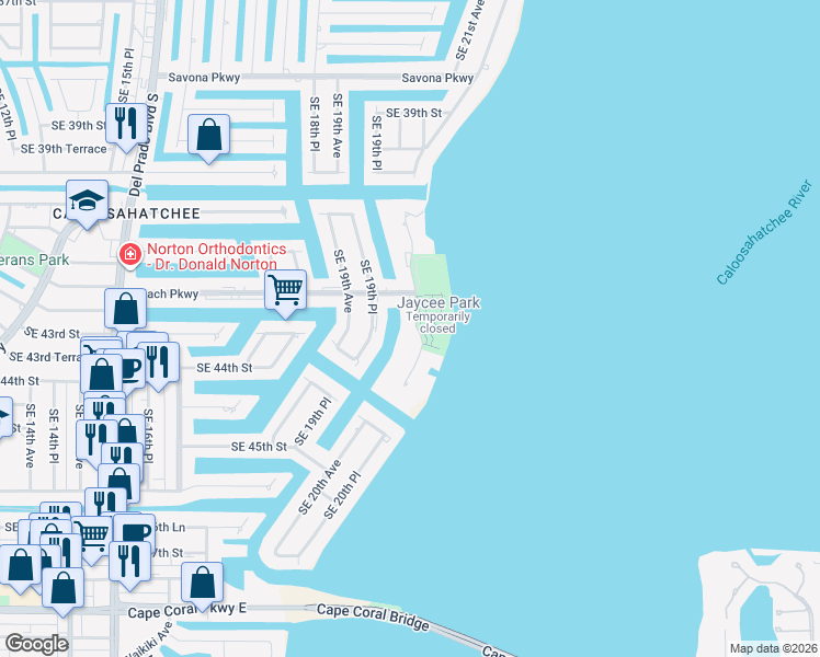 map of restaurants, bars, coffee shops, grocery stores, and more near 4211 Southeast 19th Place in Cape Coral