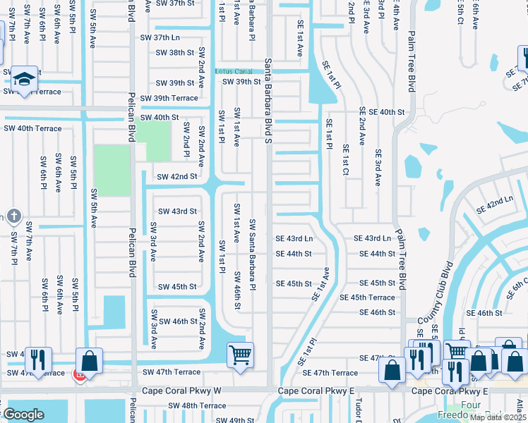 map of restaurants, bars, coffee shops, grocery stores, and more near 4307 Southwest Santa Barbara Place in Cape Coral