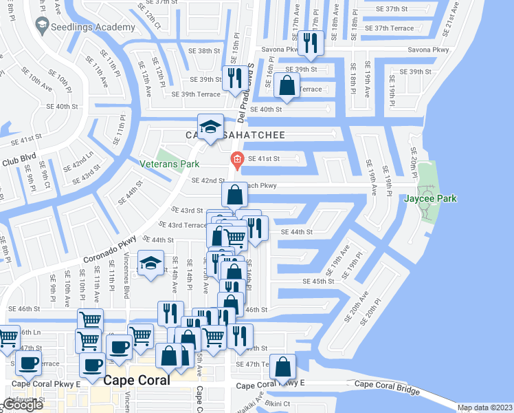 map of restaurants, bars, coffee shops, grocery stores, and more near 1627 Southeast 43rd Street in Cape Coral