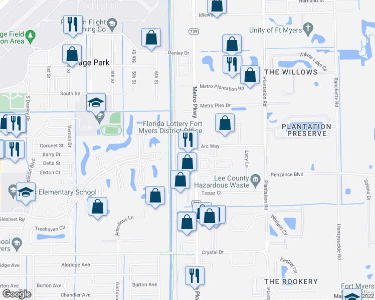 map of restaurants, bars, coffee shops, grocery stores, and more near 11760 Metro Parkway in Fort Myers