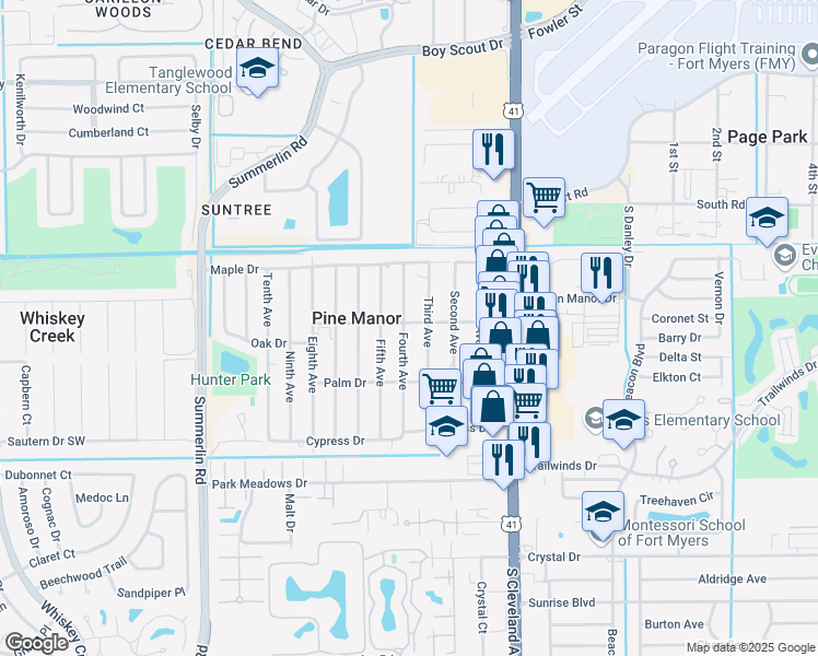 map of restaurants, bars, coffee shops, grocery stores, and more near 1822 Oak Drive in Fort Myers