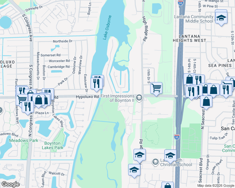 map of restaurants, bars, coffee shops, grocery stores, and more near 2171 Hypoluxo Road in Lake Worth