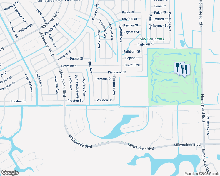 map of restaurants, bars, coffee shops, grocery stores, and more near 423 Pinehurst Avenue in Lehigh Acres