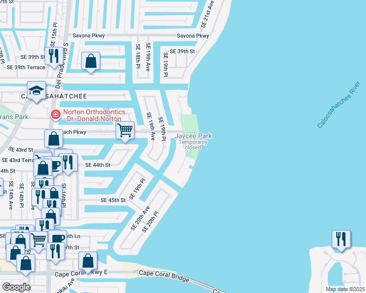 map of restaurants, bars, coffee shops, grocery stores, and more near Southeast 20th Place in Cape Coral
