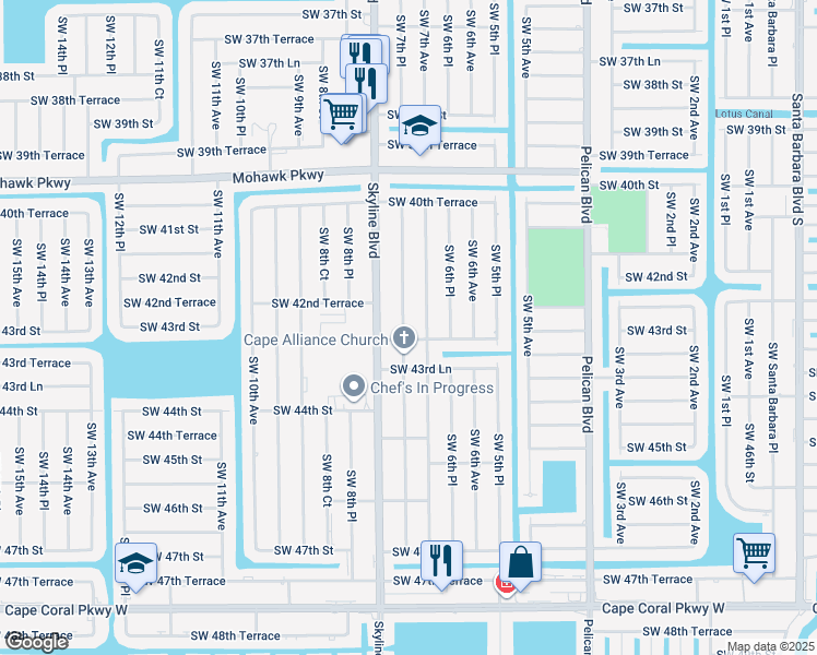 map of restaurants, bars, coffee shops, grocery stores, and more near 4214 Southwest 7th Place in Cape Coral