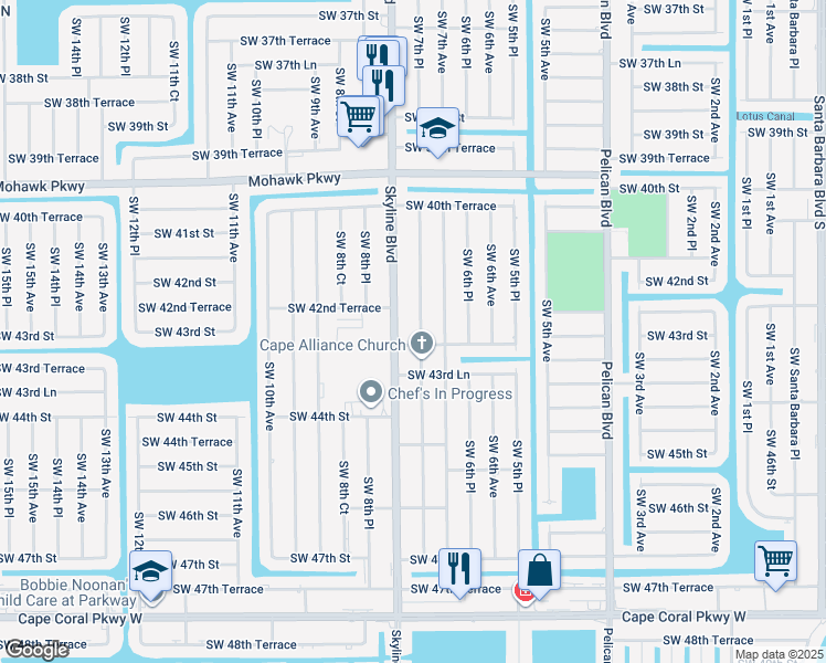 map of restaurants, bars, coffee shops, grocery stores, and more near 4214 Southwest 7th Place in Cape Coral
