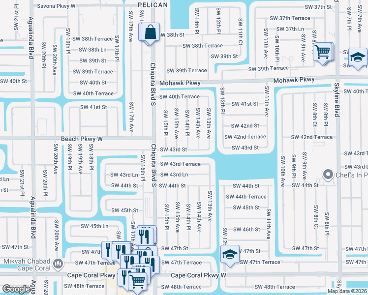 map of restaurants, bars, coffee shops, grocery stores, and more near 4229 Southwest 14th Place in Cape Coral