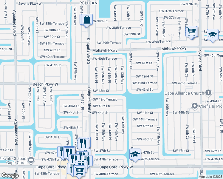 map of restaurants, bars, coffee shops, grocery stores, and more near 4229 Southwest 14th Place in Cape Coral