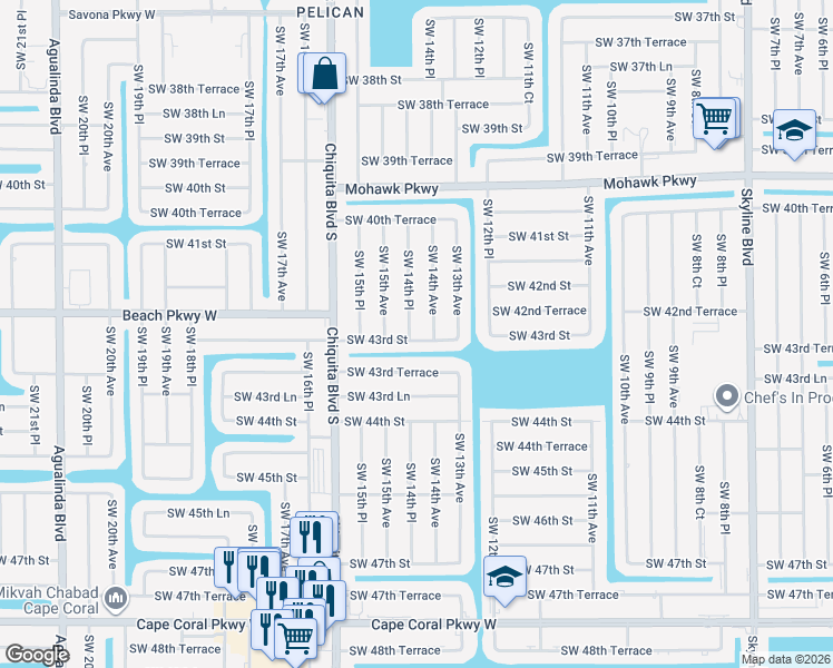 map of restaurants, bars, coffee shops, grocery stores, and more near 4229 Southwest 14th Place in Cape Coral
