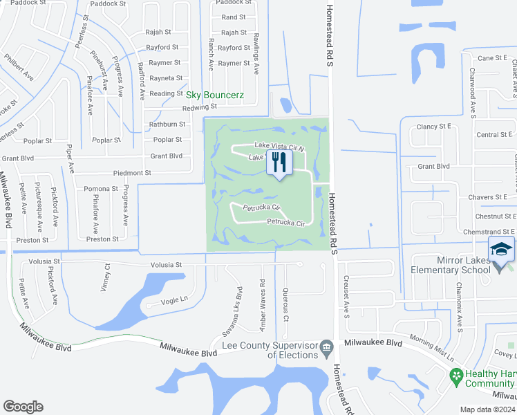 map of restaurants, bars, coffee shops, grocery stores, and more near 19909 Petrucka Circle North in Lehigh Acres