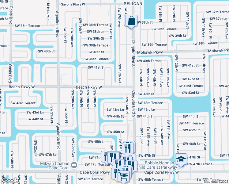 map of restaurants, bars, coffee shops, grocery stores, and more near 1711 Southwest 43rd Street in Cape Coral