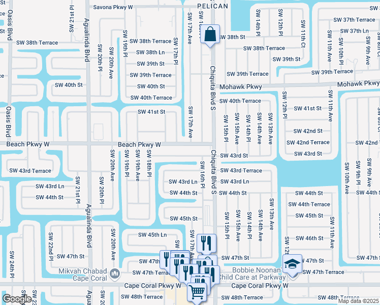 map of restaurants, bars, coffee shops, grocery stores, and more near 1711 Southwest 43rd Street in Cape Coral