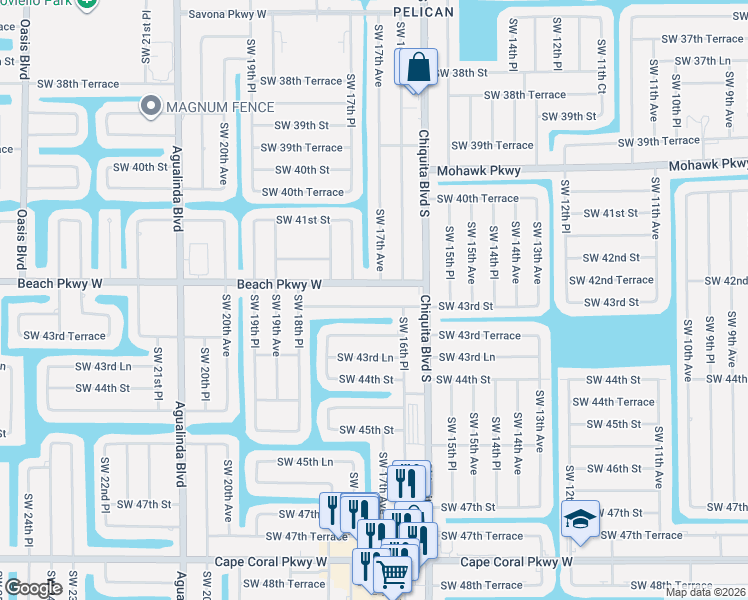 map of restaurants, bars, coffee shops, grocery stores, and more near 1711 Southwest 43rd Street in Cape Coral