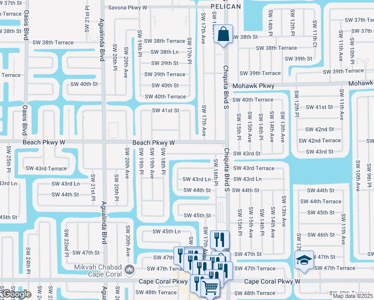 map of restaurants, bars, coffee shops, grocery stores, and more near 1723 Southwest 43rd Street in Cape Coral