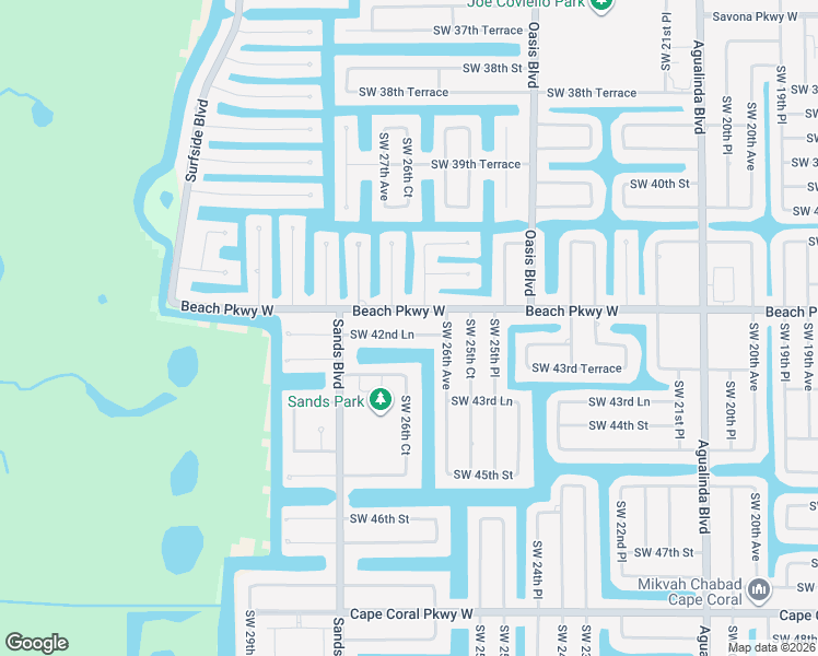 map of restaurants, bars, coffee shops, grocery stores, and more near 2621 Southwest 42nd Lane in Cape Coral