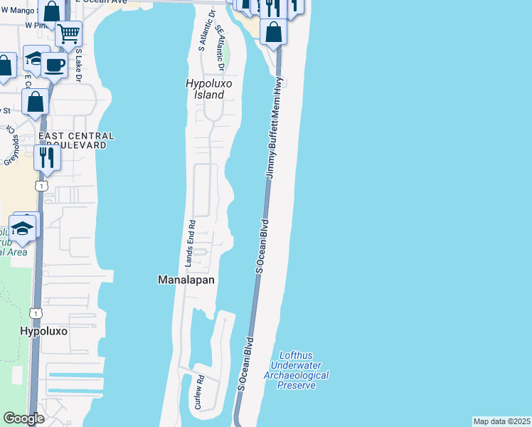 map of restaurants, bars, coffee shops, grocery stores, and more near 837 South Ocean Boulevard in Manalapan
