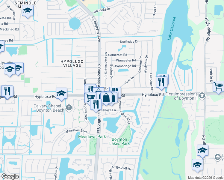 map of restaurants, bars, coffee shops, grocery stores, and more near 2885 Hypoluxo Road in Lake Worth