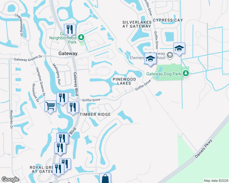 map of restaurants, bars, coffee shops, grocery stores, and more near 12911 Parkline Drive in Fort Myers