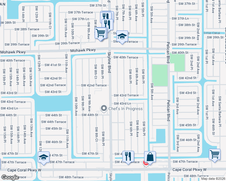 map of restaurants, bars, coffee shops, grocery stores, and more near 4214 Southwest 7th Place in Cape Coral