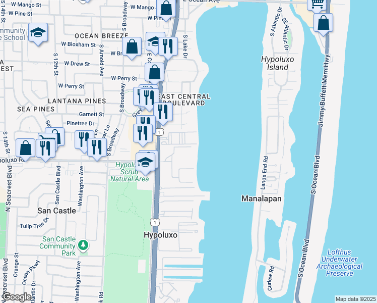 map of restaurants, bars, coffee shops, grocery stores, and more near 7010 South Federal Highway in Lantana