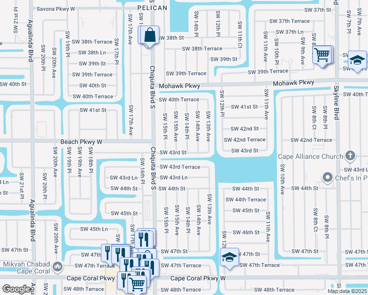 map of restaurants, bars, coffee shops, grocery stores, and more near 4229 Southwest 14th Place in Cape Coral