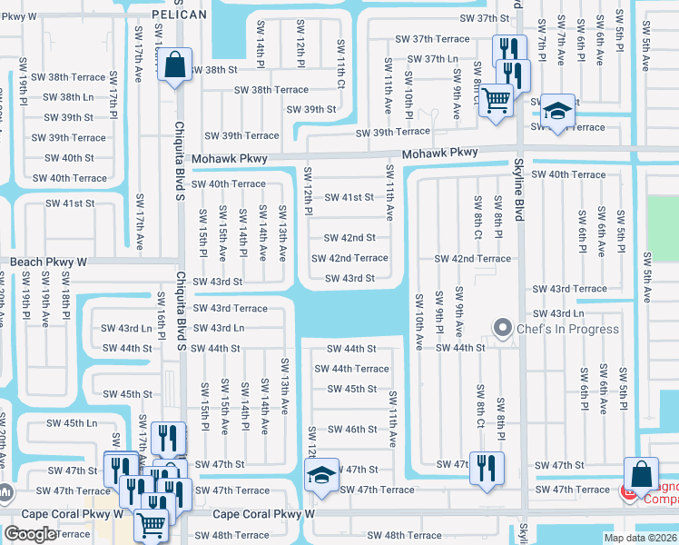 map of restaurants, bars, coffee shops, grocery stores, and more near 1136 Southwest 43rd Street in Cape Coral