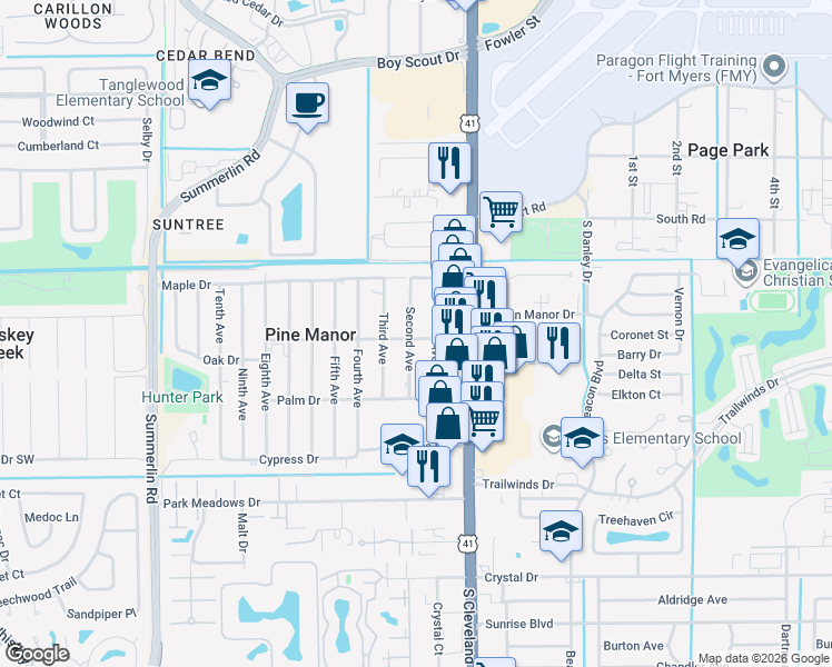 map of restaurants, bars, coffee shops, grocery stores, and more near 1996 Oak Drive in Fort Myers