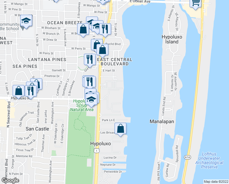 map of restaurants, bars, coffee shops, grocery stores, and more near 102 Half Moon Circle in Hypoluxo