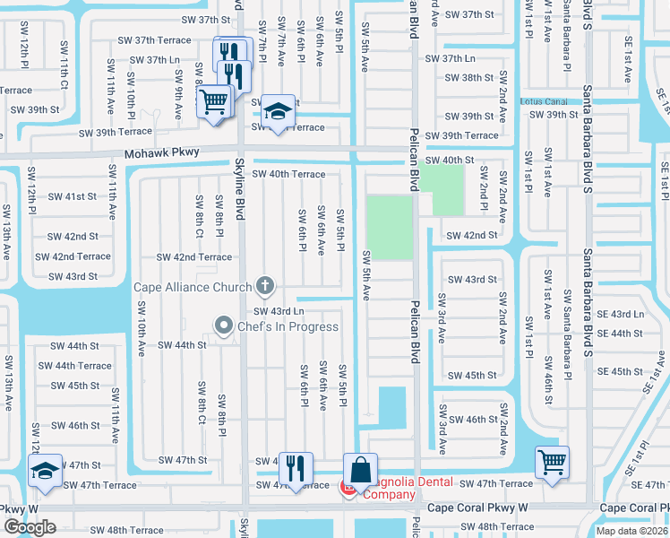 map of restaurants, bars, coffee shops, grocery stores, and more near 4218 Southwest 6th Avenue in Cape Coral