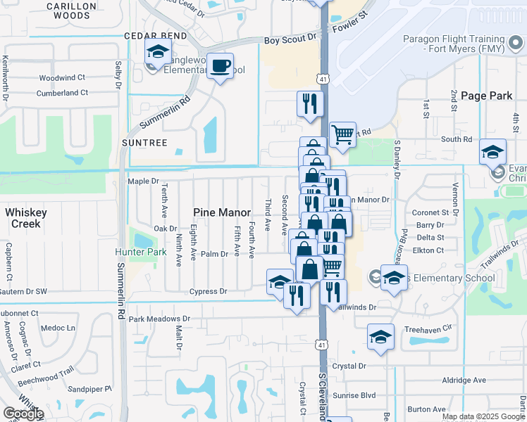 map of restaurants, bars, coffee shops, grocery stores, and more near 1822 Oak Drive in Fort Myers