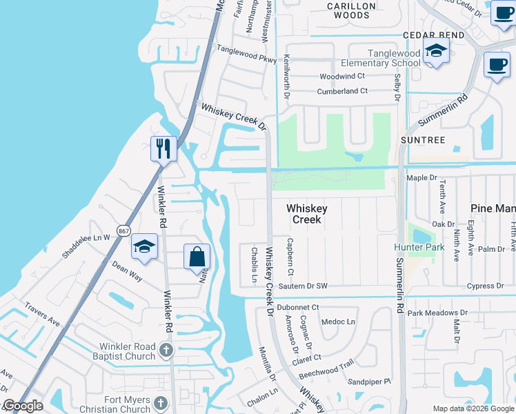map of restaurants, bars, coffee shops, grocery stores, and more near 1500 Whiskey Creek Drive in Fort Myers