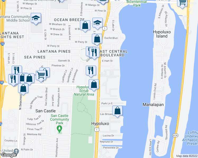 map of restaurants, bars, coffee shops, grocery stores, and more near 1499 S Dixie Hwy in Lantana