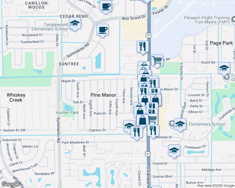 map of restaurants, bars, coffee shops, grocery stores, and more near 1822 Oak Drive in Fort Myers