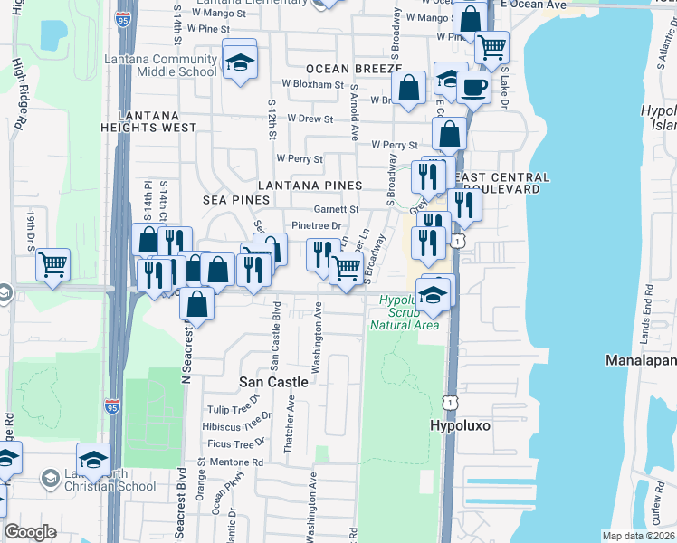 map of restaurants, bars, coffee shops, grocery stores, and more near 1400 Cardinal Lane in Lantana
