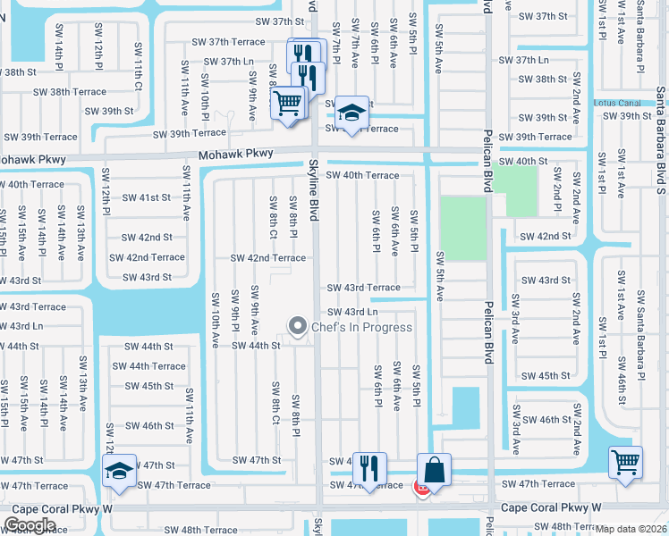 map of restaurants, bars, coffee shops, grocery stores, and more near 4214 Southwest 7th Place in Cape Coral