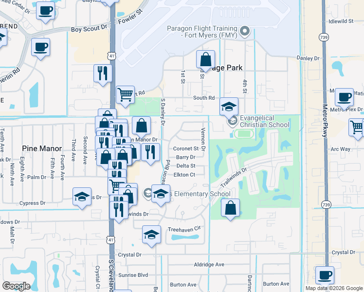 map of restaurants, bars, coffee shops, grocery stores, and more near 2189 Barry Drive in Fort Myers
