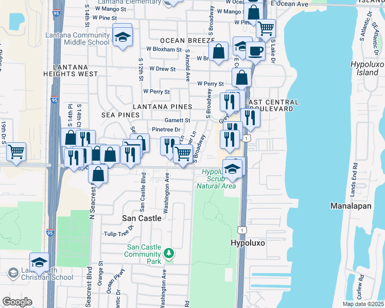 map of restaurants, bars, coffee shops, grocery stores, and more near 1323 South Broadway in Lantana