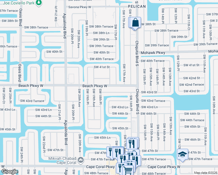 map of restaurants, bars, coffee shops, grocery stores, and more near 1804 Beach Parkway West in Cape Coral