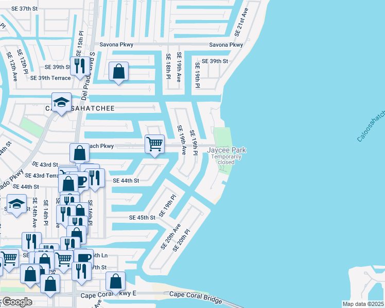 map of restaurants, bars, coffee shops, grocery stores, and more near 4217 Southeast 19th Avenue in Cape Coral